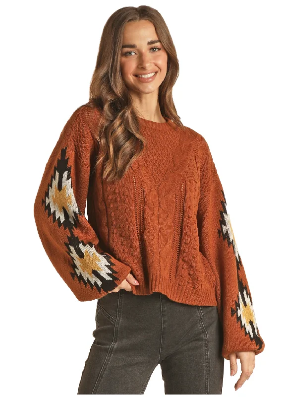 Women's Rock and Roll Aztec Bell Sleeve Sweater Hooded Caped Shawl Collar