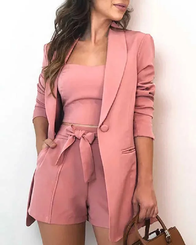 Women Elegant Blazer Sets Autumn Formal Office Lady OL Shorts Top Sets Solid Top & Blazer Coat & Shorts Sets Women's Handmade Blazer