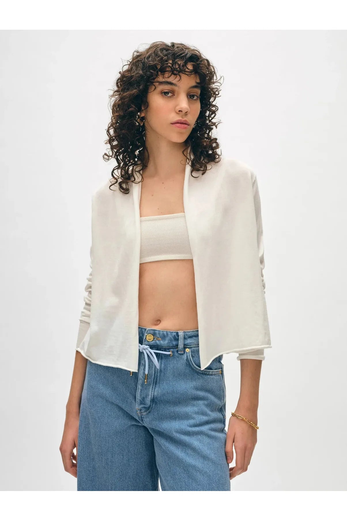 White Organic Cotton Cropped Trapeze Cardigan Tailored Straight A-Line