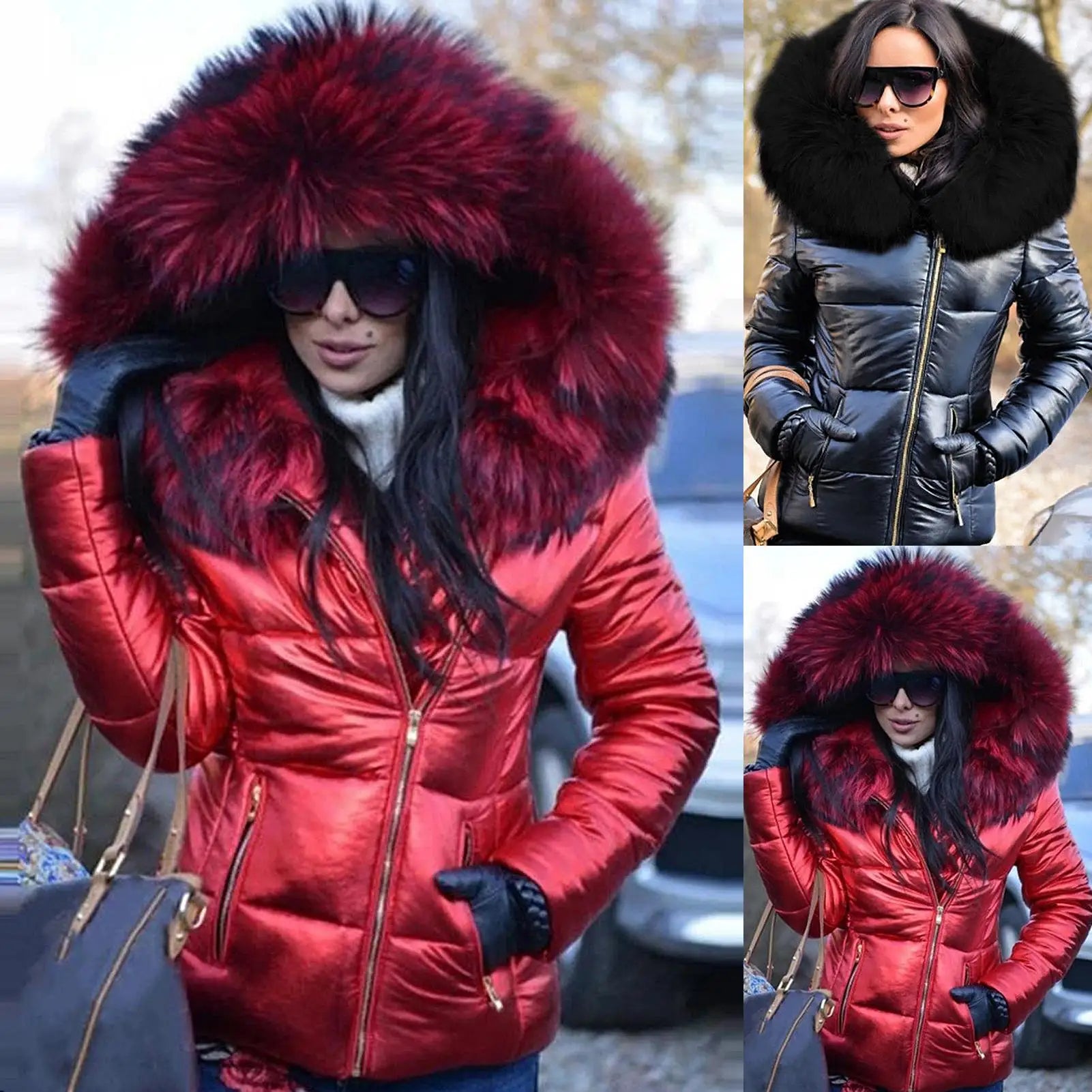 Winter Down Clothes Faux Fur Hood Zipper Pocket  Warm Parkas Jackets Woman Outdoor Thick Fleece Parka Jacket