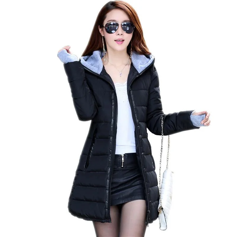 Womens Jackets Medium-Long Down Cotton Parka Plus Size Jacket Coat Slim Ladies Casual Clothing Navy and Black Warm Winter Parka Coat