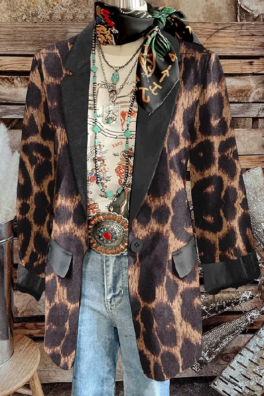 Vintage Leopard Print Pocket Blazer Women's Premium Blazer