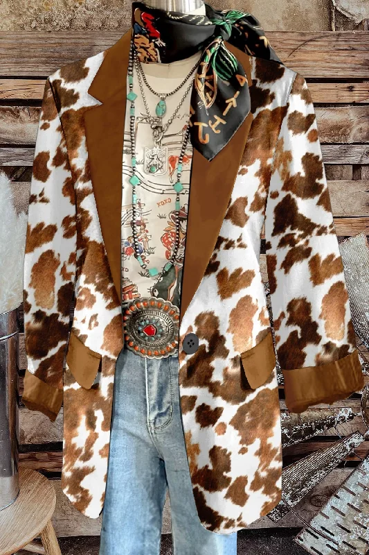 Classic Cow Print Long Sleeve Blazer Women's Vintage Suit