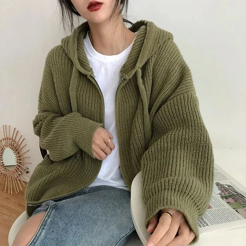 Advbridge Zipper Cardigan Sweater Women Knit Fall Winter Long Sleeve Harajuku Y2K Solid Jumper Loose Lazy Warm Vintage Basic Female Hoodie Zippered Buttoned Snapped