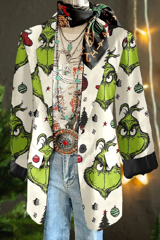 Funny Christmas Grinch Print Blazer Women's Trendy Jacket
