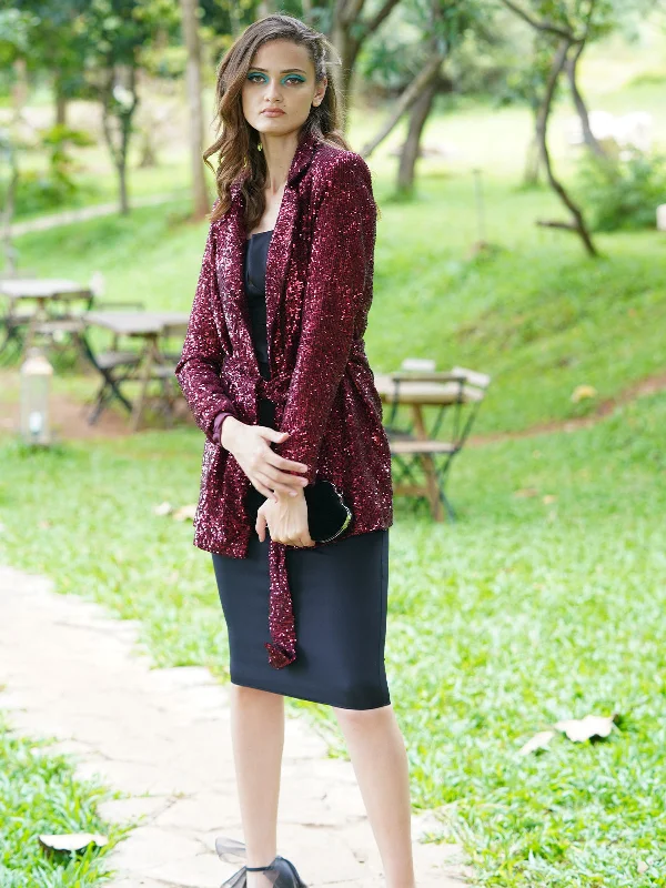 Odette Women Maroon Polyester With Sequins Stitched Blazer Women's High-End Blazer