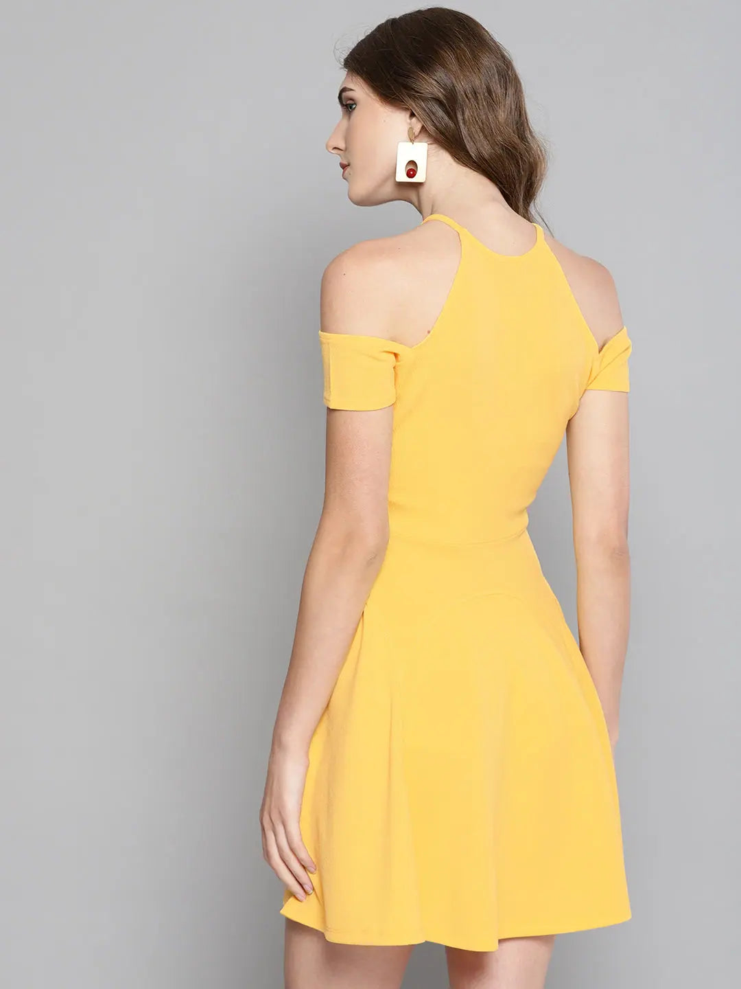 Yellow Frilled Cold Shoulder Skater Dress