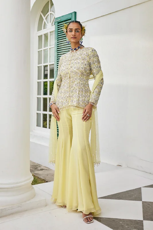 Pineapple Yellow Embroidered Jacket & Sharara Set Zippered Jacket Buttoned Jacket Snapped Jacket Pineapple Yellow Embroidered Jacket & Sharara Set Zippered Jacket Buttoned Jacket Snapped Jacket