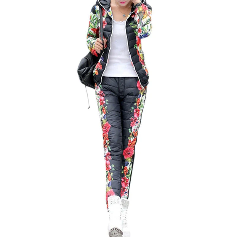 Winter Jacket Women Casual Flower Printed Hooded Warm Thickening Parka (Coat+Pants Sets ) WAT270 Waterproof Snowproof Parka Jacket