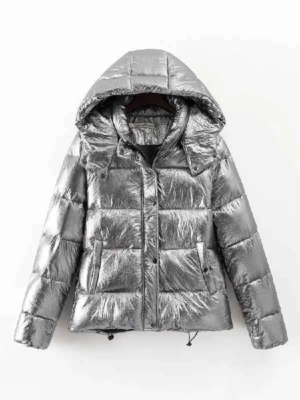 Women jackets Short warm coat Silver metal color bread style parka Fashionable Belted Parka Jacket