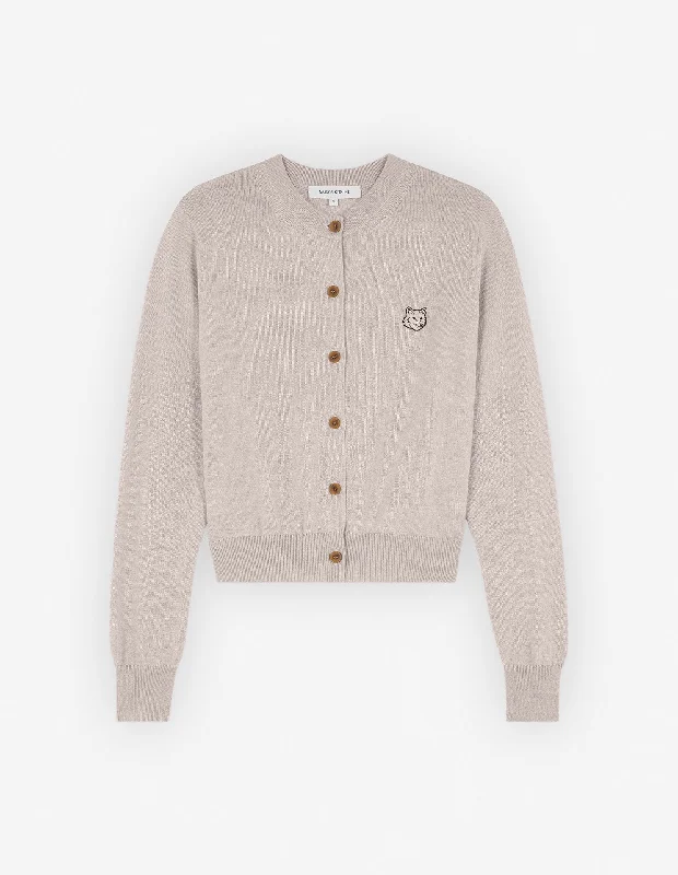 Bold Fox Head Patch Regular Cardigan Light Beige Melange Embroidered Appliqued Beaded Bold Fox Head Patch Regular Cardigan Light Beige Melange Embroidered Appliqued Beaded