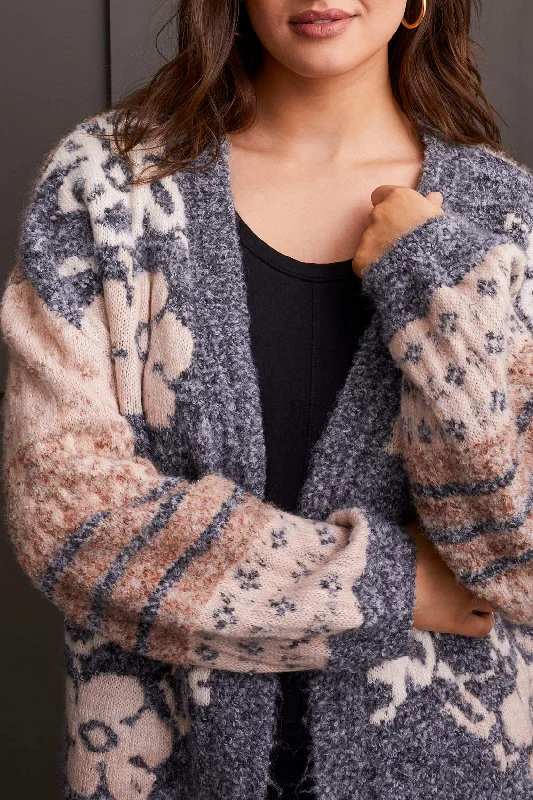 LONG SLEEVE JACQUARD SWEATER CARDIGAN - GREY Long Cardigan Short Cardigan Medium Cardigan
