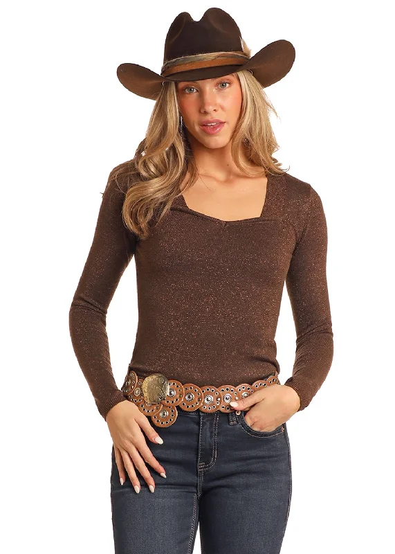 Women's Rock & Roll Chocolate Shimmer Sweater Fitted Slim Tailored
