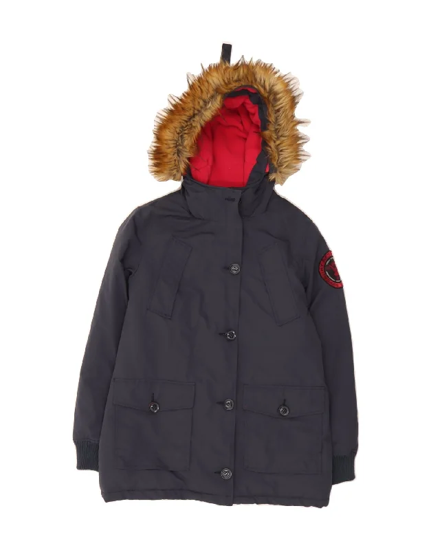 SUPERDRY Womens Hooded Parka Jacket UK 16 Large Navy Blue Polyester Classic Buttoned Parka Jacket