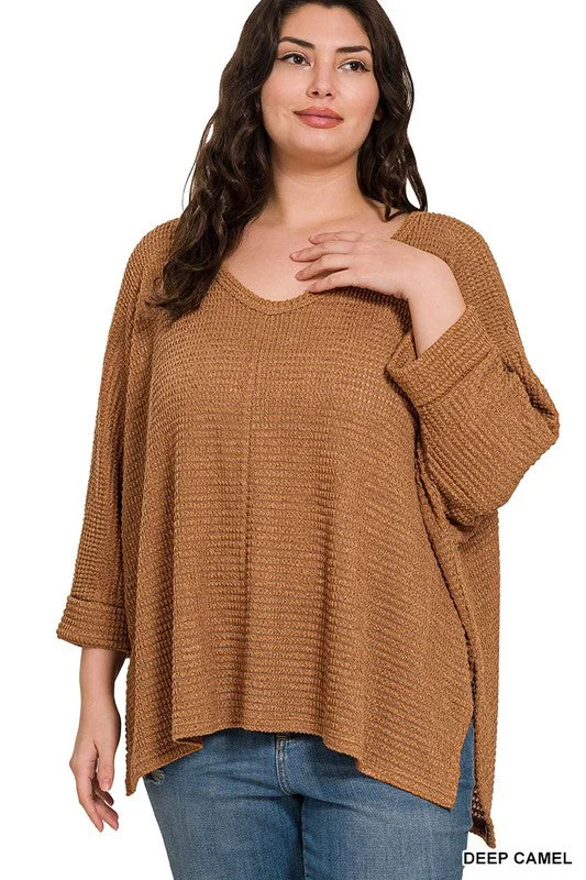 Curvy Gal Jacquard 3/4 Sleeve Sweater -Camel Print Jacquard Patchwork
