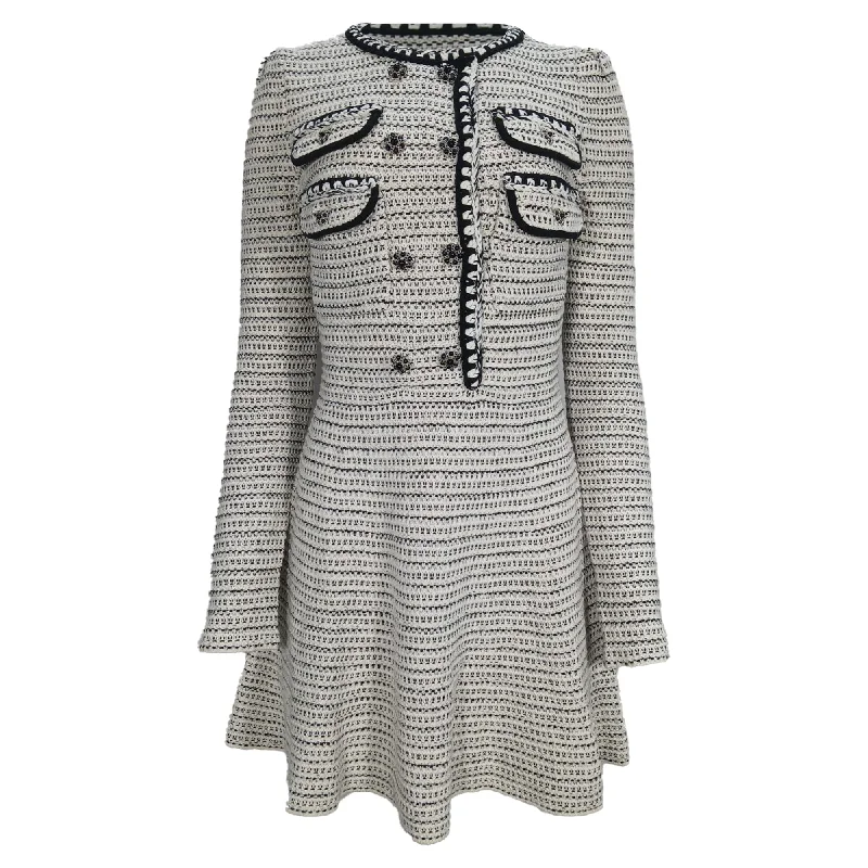 Self-Portrait Melange Knit Dress In Cream Black Cotton and Wool