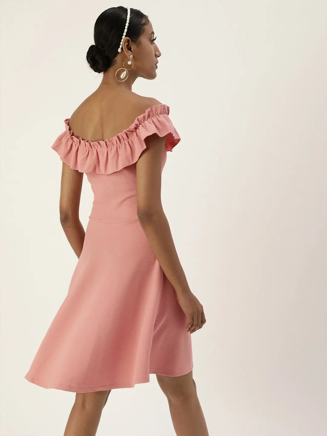 Veni Vidi Vici Pastel Peach Frilled Bardot Skater Dress