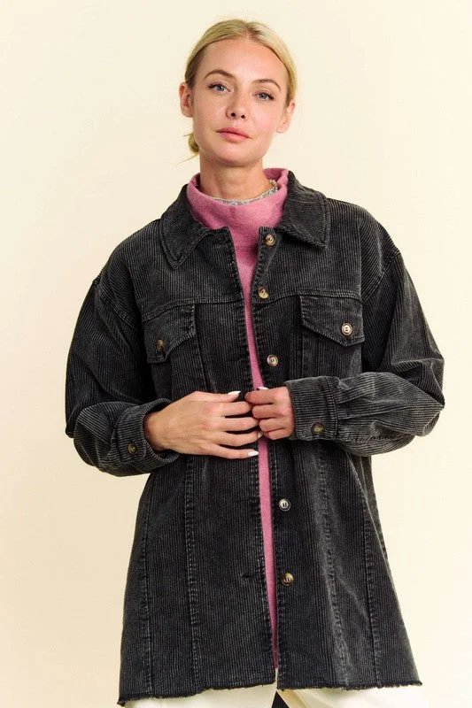 Davi & Dani Washed Corduroy Raw Hem Button Up Jacket V-Neck Jacket Boat Neck Jacket Square Neck Jacket Davi & Dani Washed Corduroy Raw Hem Button Up Jacket V-Neck Jacket Boat Neck Jacket Square Neck Jacket