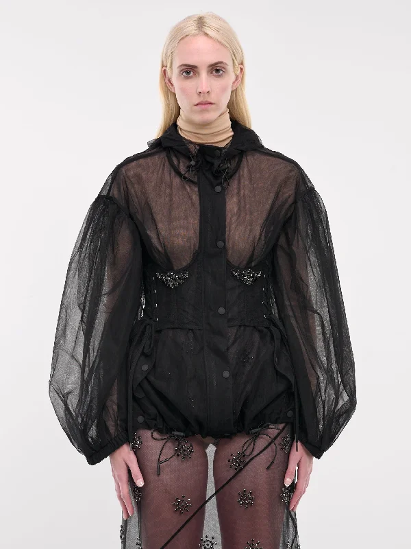 Sheer Corset Parka Jacket (6110B-0069-BLACK-JET) Chic Belted Parka Coat
