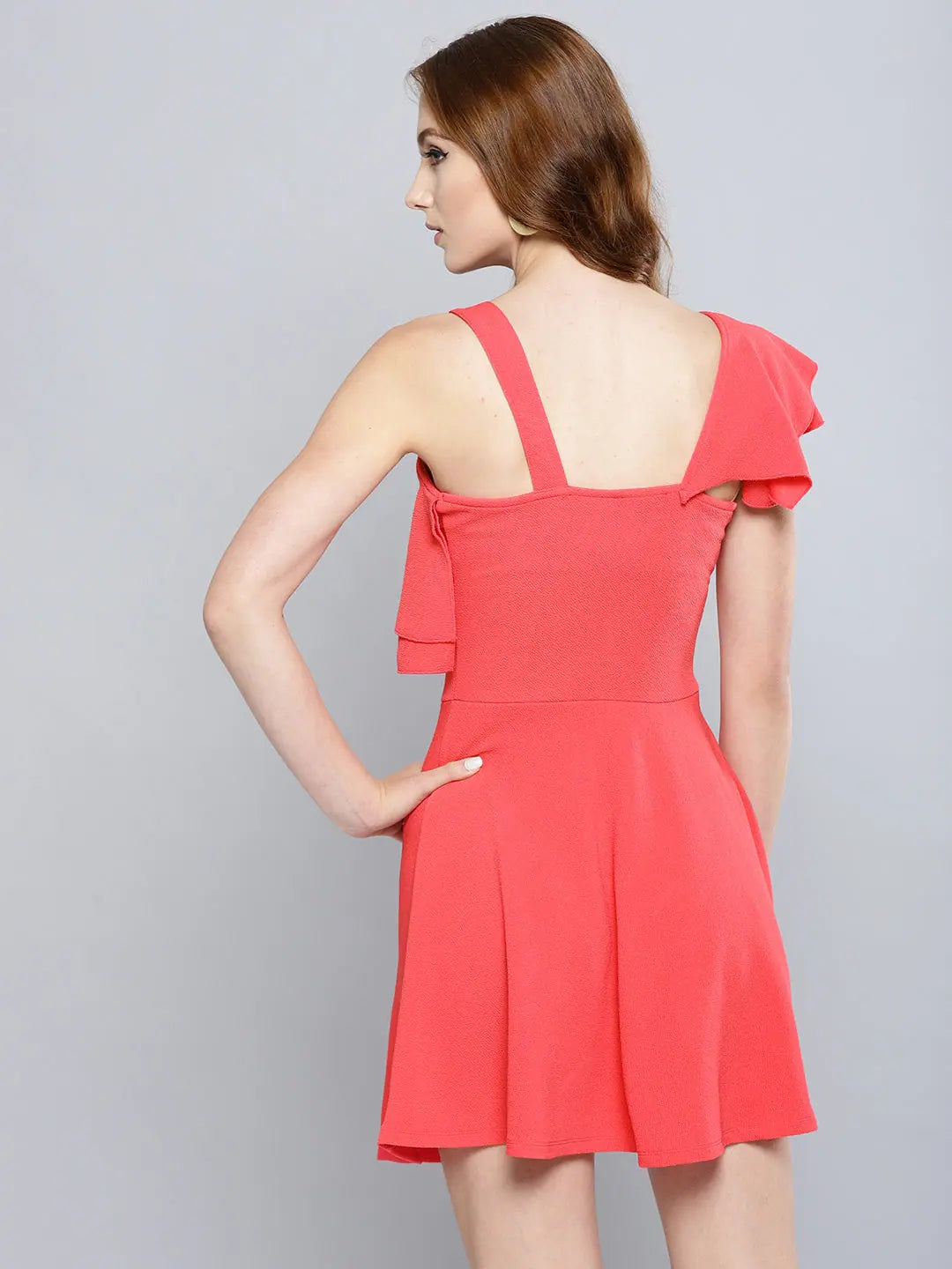 Coral One Shoulder Frilled Skater Dress