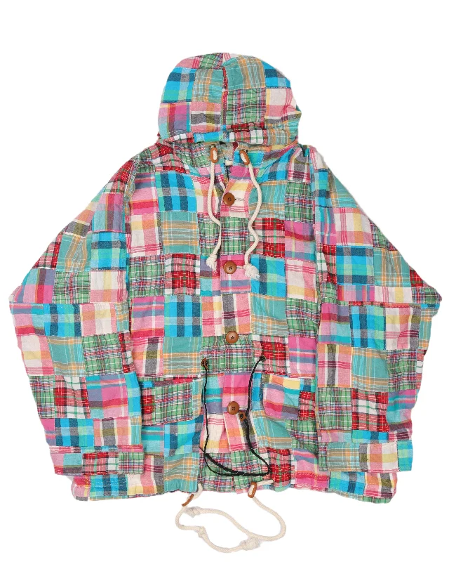 Plaid Patchwork Parka Jacket Stylish Contrast Trim Parka