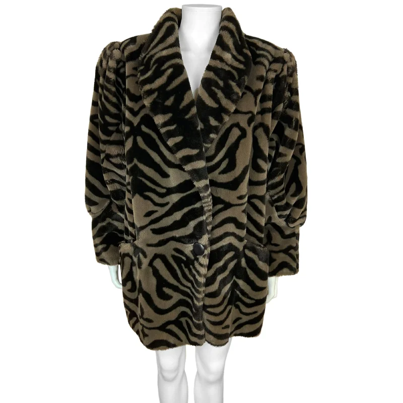 1980s Vintage Faux Fur Jacket Coat Tiger Stripe Ladies Sz 10 Herringbone Jacket Houndstooth Jacket Plaid Jacket