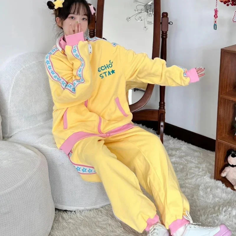 Advbridge Yellow Star Logo  Long Sleeve 2-piece Set Women's Cute Personality Casual Zipper Cardigan and Sweatpants Women's Sports Suit Notch Collar Peter Pan Collar Cowl Neck