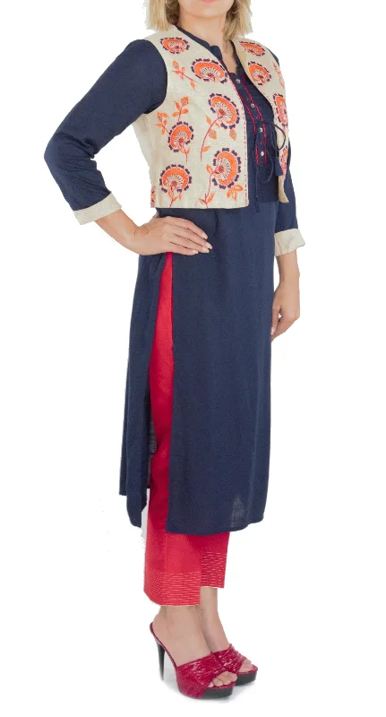 Navy Blue Kurti With Jacket Collared Jacket Crew Neck Jacket Turtle Neck Jacket