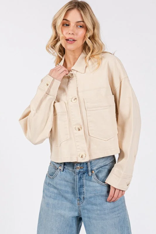Hazel Blues® |  bytos Button Down Cropped Denim Jacket with Patch Pockets Satin Fabric Silk Fabric Chiffon Fabric