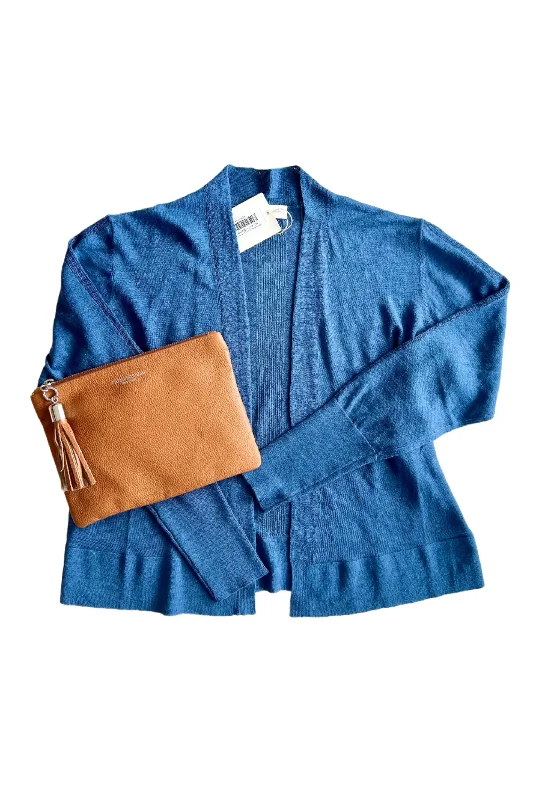 Marine Blue Linen Open Front Cardigan Front Pockets Side Pockets Patch Pockets