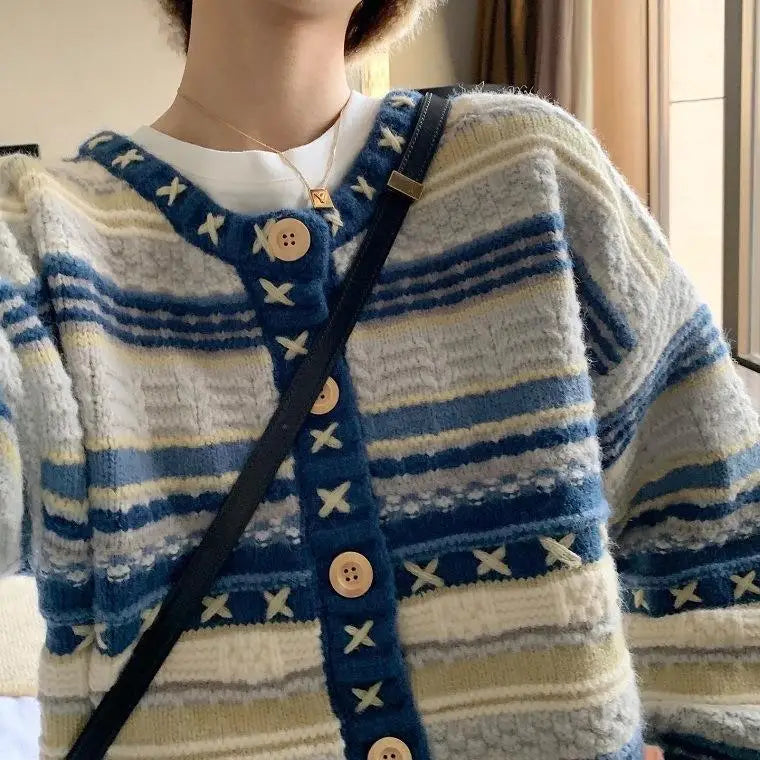 Advbridge Knitted Sweater Women's Heavy Industry Hook Flower Sweater Coat Striped Design Cardigan Women Sequined Glittery Shiny