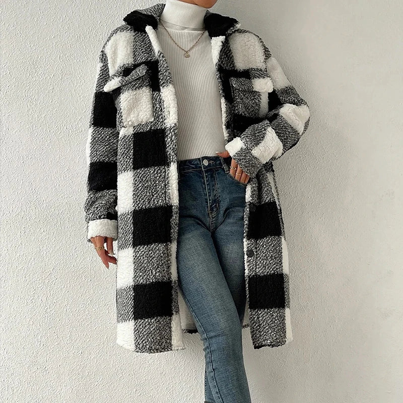 Advbridge Women Plaid Patchwork Fleece Loose Midi Jacket Fashion Lapel Collar Buttoned Woolen Coat Winter Long Sleeve Thickness Cardigan Chenille Brocade Lace