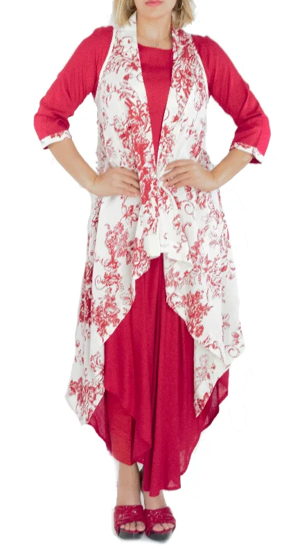 Red Color Kurti with Red and Red Color Floral Print on White Jacket Wool Jacket Cashmere Jacket Tweed Jacket