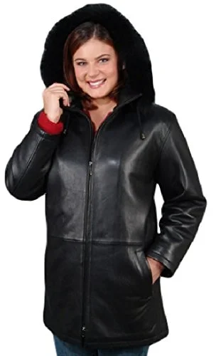REED Women's 33" Parka with Fox Trimmed Detachable Hood Leather Jacket - Imported Waterproof Windproof Parka Coat