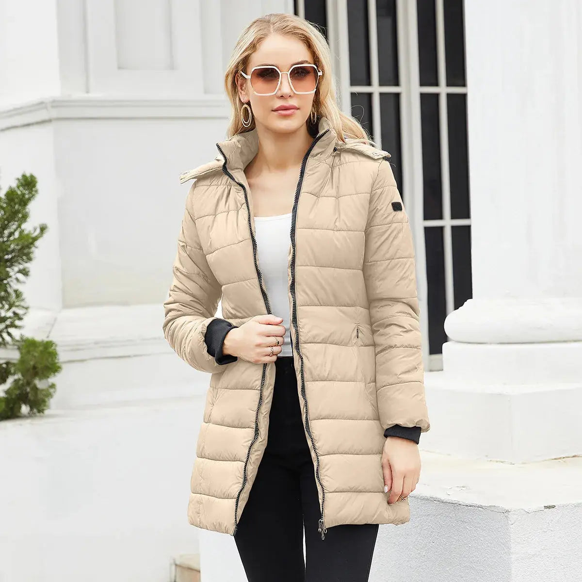 FZ Women's Long Hooded Warm Thick Parka Jacket Elegant Fur Collar Parka