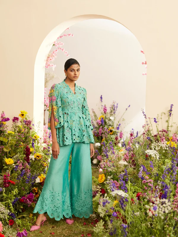 Aqua Cutwork Jacket Front Pockets Side Pockets Patch Pockets