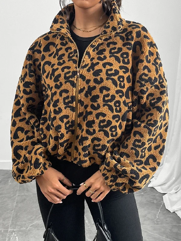 Hazel Blues® |  Leopard Zip Up Long Sleeve Jacket Rayon Jacket Velvet Jacket Corduroy Jacket