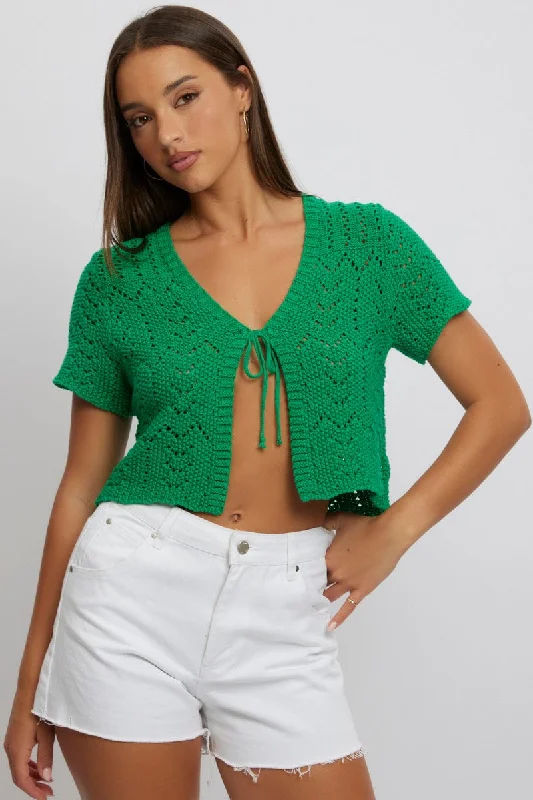 Green Crochet Knit Cardigan Short Sleeve V Neck Bright Pastel Dark