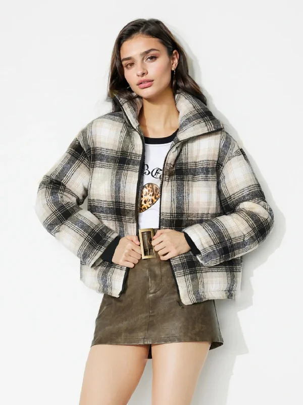 Hazel Blues® |  Plaid Zip Up Long Sleeve Jacket Notch Collar Peter Pan Collar Cowl Neck