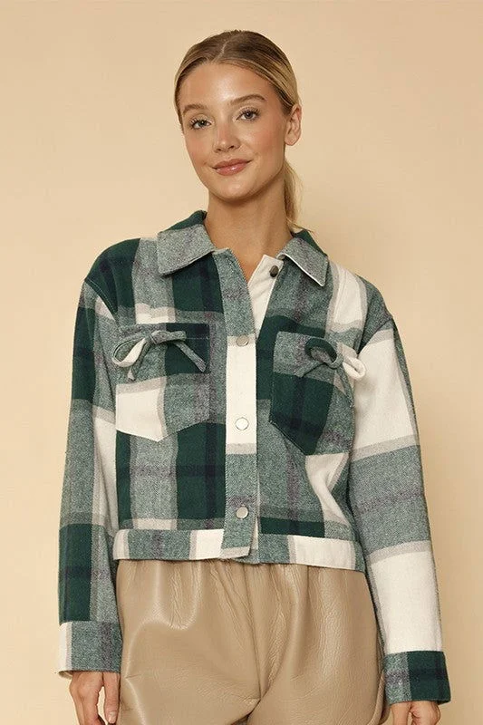 Cropped flannel jacket with bow detailing Stand-Up Collar Roll-Neck Collar Turtle Neck Cropped flannel jacket with bow detailing Stand-Up Collar Roll-Neck Collar Turtle Neck