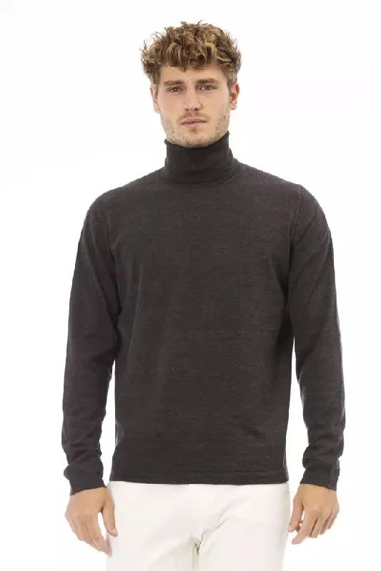Brown Cotton Men Sweater Real Fur Shearling Chenille