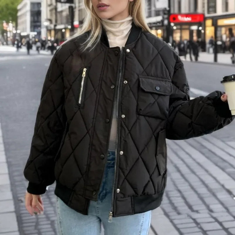 Advbridge Fashion Cotton Parkas for Women Winter New Small Down Cotton Coat Diamond Check Baseball Jacket Cotton Jacket Thin Coat Warm Winter Parka Coat