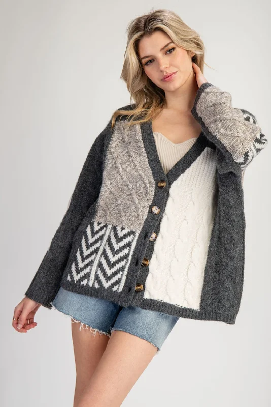 MIXED TEXTURED BOXY CARDIGAN SWEATER - STORM Tailored Straight A-Line