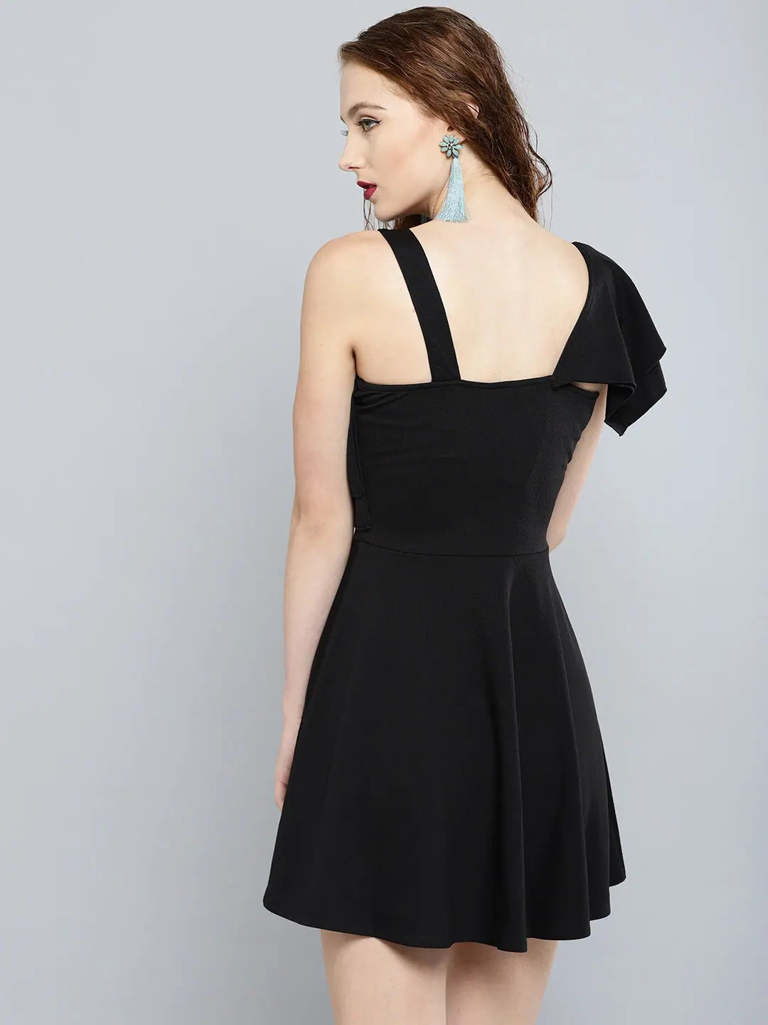 Black One Shoulder Frilled Skater Dress