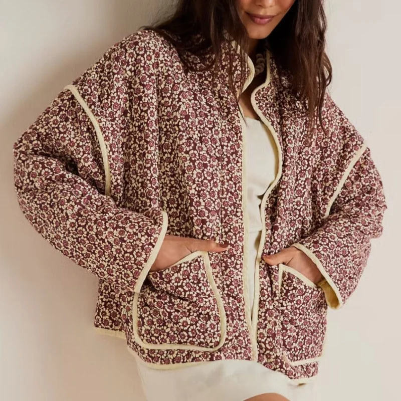 Wholesale Autumn Flower Print with Thin Pockets Adorning Cardigan Cotton Jacket Herringbone Houndstooth Plaid