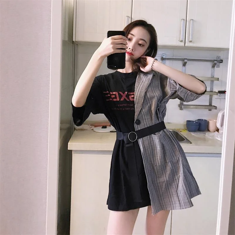 Ins Lattice Stitching Fake Two Piece Letter Dress Women's Clothes Japan Kawaii Retro Female Korean Harajuku Dresses For Women