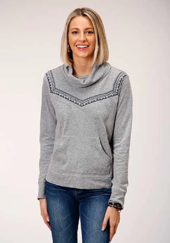 Women's Roper Gray Embroidery Jersey Cowl Neck Sweater Seamless Knitted Crochet