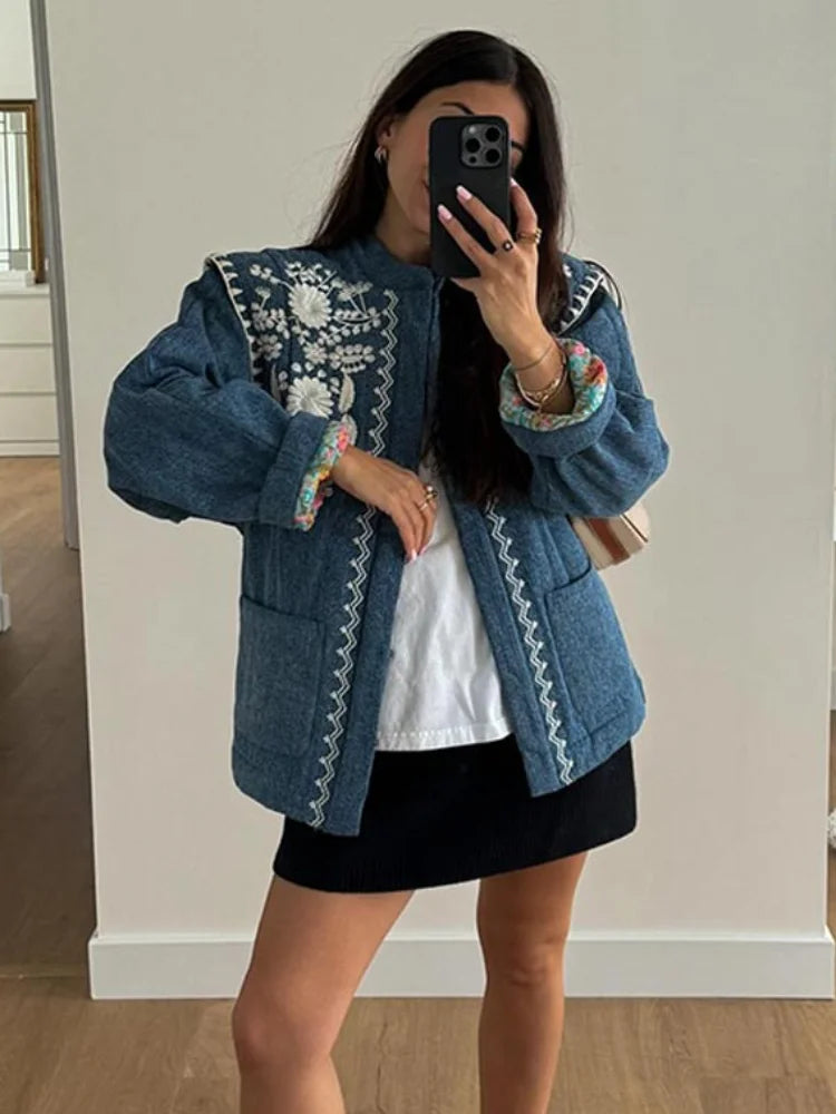 Advbridge Winter Quilted Jacket Women Autumn Flower Printed Cardigan Cotton Coat With Pocket Thick Warm Long Sleeve Women's Clothing Top Open Front Closed Front Wrap Front