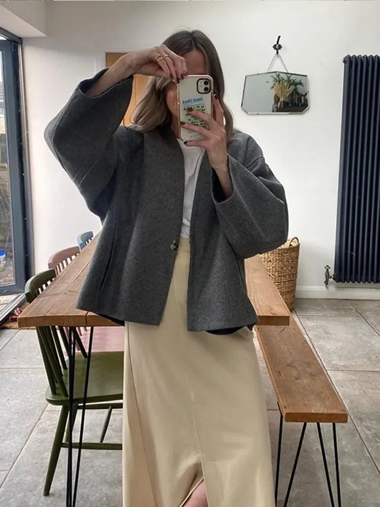 Advbridge Women Casual Grey Single Button Woolen Cardigan Coat Long Sleeve V Neck Loose Jacket Autumn Winter Female High Street Outerwear Patchwork Embroidered Appliqued
