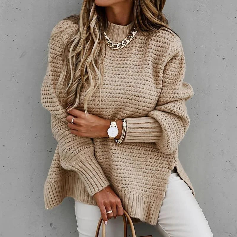 Solid Color Drawstring Side Slit Knit Sweater Soft Cozy Warm